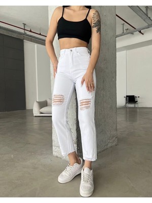 Aida Fashion Diz Yırtık Mom Jeans