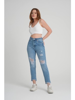 Aida Fashion Çift Diz Yırtık Mom Jeans