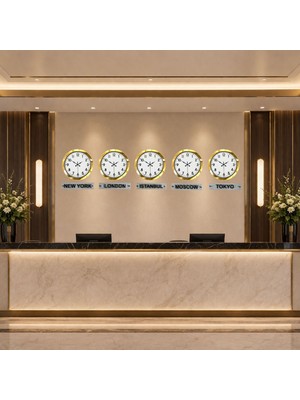 Zayka Ihtişam Gold 36 cm Metal 5 Li Tabelalı Dünya Saatleri