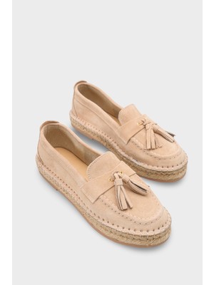Capone Outfitters Yoklo Hakiki Deri Süet Espadril Tabanlı Püsküllü Kadın Loafer Ayakkabı