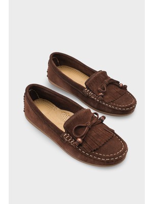 Capone Outfitters Almire Hakiki Deri Süet Boncuklu Püsküllü Konfor Kadın Loafer Ayakkabı