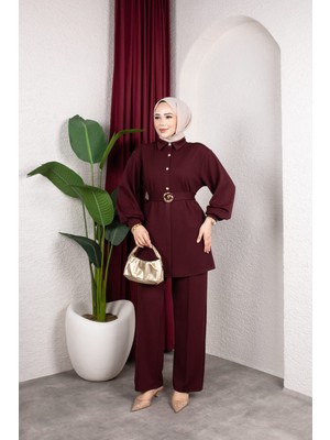 Weak Blue Kemer Detaylı Tesettür Ikili-Düğmeli  Tunik Bol Paça Şık Günlük Kombin