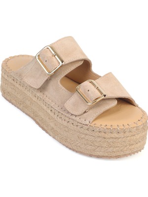 Capone Outfitters Joellyn Hakiki Deri Süet Espadril Tabanlı Kadın Terlik