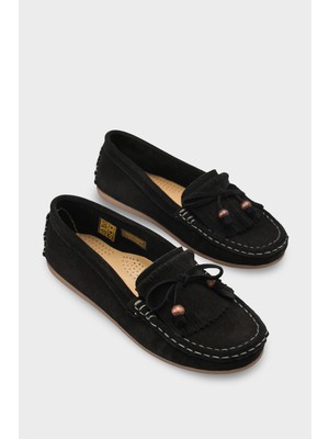 Capone Outfitters Almire Hakiki Deri Süet Boncuklu Püsküllü Konfor Kadın Loafer Ayakkabı