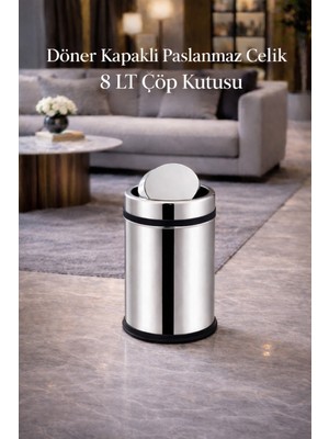 PremiumPort Paslanmaz Metal Döner Kapaklı Çöp Kutusu 8 L, Şık ve Pratik Kullanım