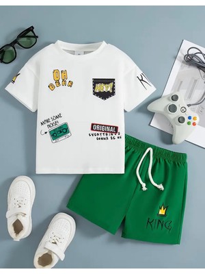 Nigrum Pardus Özel Üretim Hey! King Baskılı %100 Pamuk Erkek Çocuk Hip Hop T-Shirt Şort Takımı
