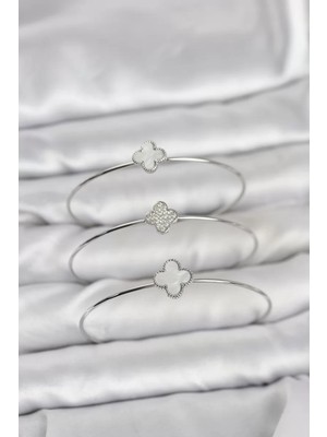 LTG Nova Gümüş Renk Yonca Model Zirkon Taşlı 3'lü Kadın Bileklik Kombini - TJ-BB8344