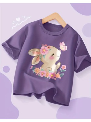 Nigrum Pardus Özel Üretim Mutlu Tavşancık Baskılı Kız Çocuk Trend T-Shirt