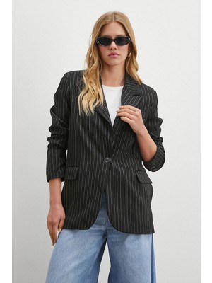 Trendquel Çizgili Blazer Ceket Siyah