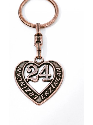 Moncuk Design Erzincan "24" Temalı Antik Bakır Renk Metal Kalp Anahtarlık - Özel Tasarım & Hediyelik
