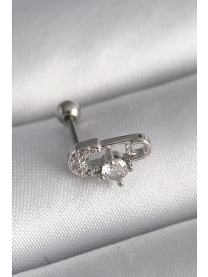 LTG Nova Çelik Gümüş Renk Zirkon Taşlı Iğne Tragus Piercing - TJ-PR1275