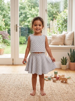 Dudese Kız Çocuk Puantiyeli Crop Top ve Volanlı Etek Takımı - %100 Pamuklu Yazlık Takım
