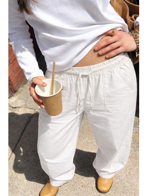 Damga Kadın Relax Fit Yazlık Salaş Beyaz Keten Pantolon