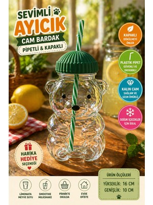 Medushop Ayıcık Cam Bardak Pipetli Kapaklı 16X10 cm Plastik Pipetli Çocuk Içecek Bardağı Sevimli