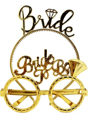 Zayka Mey Ithalat® Bride Yazılı Taç ve Bride To Be Yazılı Gözlük Seti Altın Renk