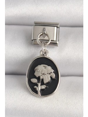 LTG Nova Çelik Gümüş Renk Gümüş Çiçek Işlemeli Siyah Portre Model Nomination Charm - TJ-BC1210