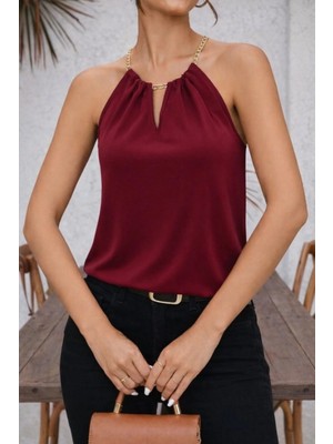 Pileli Store Pilelistore- Kadın Omuzlardan Açık Zincir Halka Detaylı Sandy Bluz
