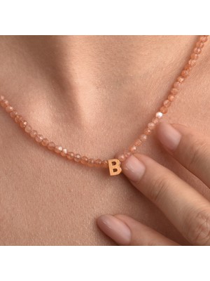 Nox Jewelry 14 Ayar Altın Kaplama Gümüş Doğal Güneş Taşı Harfli Kolye - Minimal Kişiye Özel Tasarım