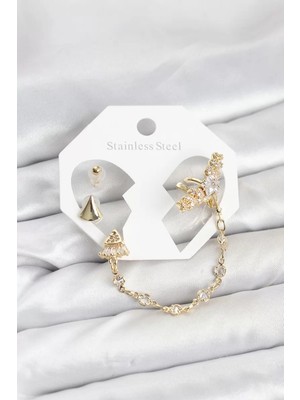 LTG Nova Pirinç Gold Renk Yıldızlı Model Zincir Bağlantılı Ear Cuff Küpe Seti - TJ-BKP11540