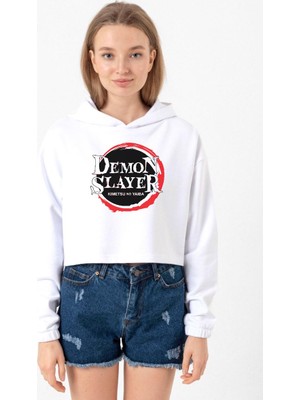 Tshirthane Demon Slayer Anime Squad Demon Slayer Kimetsu No Yaiba Beyaz Optik Kadın Crop Kapşonlu