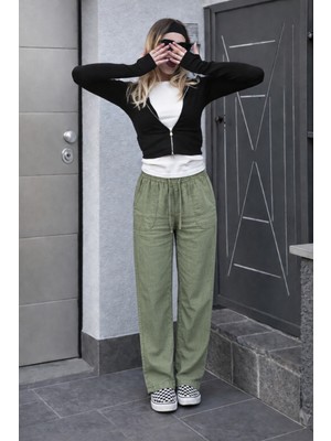 Damga Kadın Yazlık Regular Bol Paça Yeşil Keten Pantolon