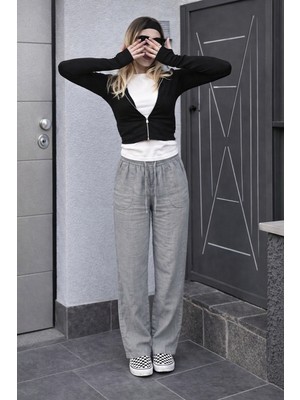 Damga Kadın Yazlık Regular Bol Paça Gri Keten Pantolon
