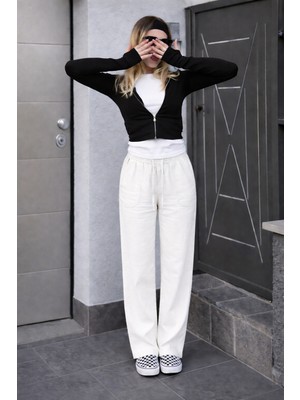 Damga Kadın Yazlık Regular Bol Paça Beyaz Keten Pantolon
