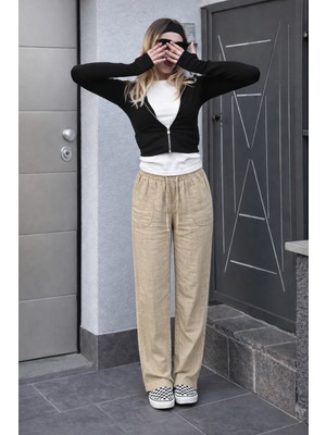 Damga Kadın Yazlık Regular Bol Paça Bej Keten Pantolon