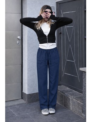 Damga Kadın Yazlık Regular Bol Paça Lacivert Keten Pantolon