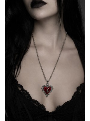 Herşey Nota Gotik Kırmızı Kalp Haç Detaylı Kolye Unisex Metal Zincir