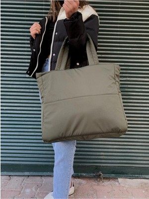 Özbience Yeşil Kabartmalı Puf Kumaş Shopper Çanta, Şık ve Hafif Tasarım