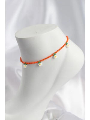 İsingir Shopping Turuncu Renk Boncuklu Papatya Motifli Halhal