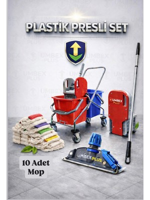 PremiumPort Çift Kovalı Krom Paspas Arabası ve 10'lu Islak Mop Seti
