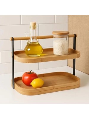 MarkEntegra Modern Bambu ve Metal 2 Katlı Mutfak Rafı, Çok Amaçlı Depolama