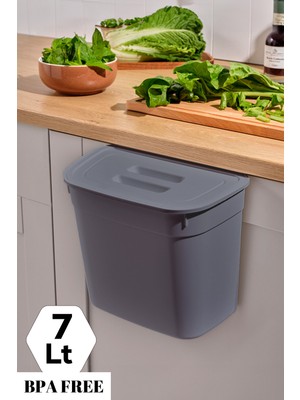 PremiumPort Pratik 7 Litre Kapaklı Mutfak Tezgahı ve Dolap Askılı Çöp Kovası