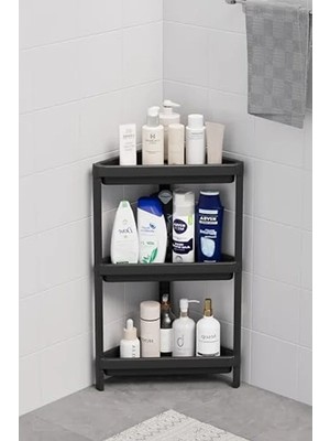 MarkEntegra 3 Katlı Üçgen Plastik Raf, Siyah Renk, Banyo ve Mutfak Için