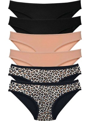 Royaleks Kesgin Market® 6 Adet Likralı Kadın Slip Külot Leopar Siyah Ten Teknokesgin