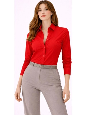 Pileli Store Kadın Uzun Kol Gömlek Düğmeli Klasik Yaka Günlük ve Ofis Şıklığına Uygun - Kırmızı