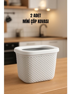 PremiumPort Damla Desenli Mini 2l Tezgah Üstü Çöp Kovası, Fildişi (2'li Set)