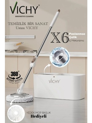 PremiumPort Çevre Dostu 360° Döner Mop Temizlik Seti, Kolay Sıkma Kova ve Yedek Mop Başlığı