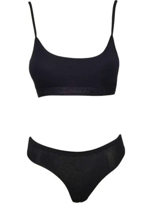 Royaleks Kesgin Market® Pedli Ip Askılı Yarım Atlet Büstiyer Külot Takım Siyah Teknokesgin