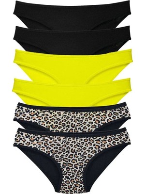 Royaleks Kesgin Market® 6 Adet Likralı Kadın Slip Külot Leopar Siyah Sarı Teknokesgin