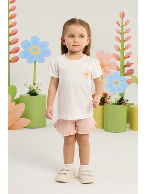 Minycenter Kız Bebek Çiçek Nakışlı Şortlu Alt Üst Set 3 Ay-36 Ay Pudra