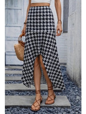 Pileli Store Pilelistore- Kadın Yüksek Bel Çiçek Desenli Önü Asimetrik Detaylı Uzun Süprem Etek