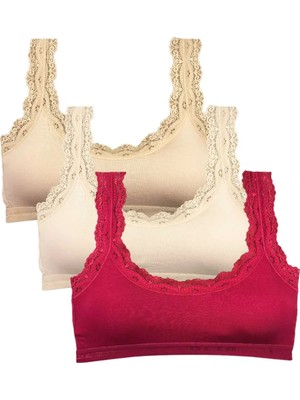 Royaleks Kesgin Market® 3 Adet Dantel Nakış Işlemeli Pedli Bambu Kadın Büstiyer Ten Krem Bordo Teknok