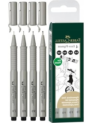 MarkEntegra Faber-Castell Pigment Çizim Kalemi Seti, 4’lü Siyah, 0.2 / 0.4 / 0.6 / 0.8 mm Uç, Su ve Işık Geçirmez Mürekkep, Cetvel ve Şablon Uyumlu
