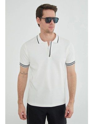 FullaModa Yarım Fermuarlı Çizgili Polo Yaka Tişört