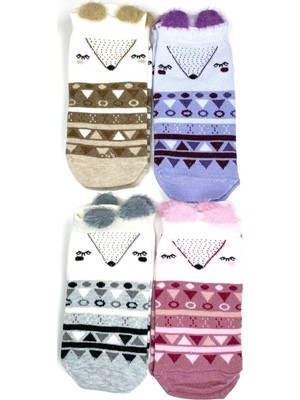 Royaleks Kesgin Market® 4 Çift Yumuşak Ponpon 3 Boyut Kulaklı Desenli Pamuklu Kadın Bilek Çorap Teknok