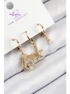LTG Nova Pirinç Zirkon Taşlı 3'lü Istiridye Yıldız Model Gold Renk Kadın Küpe - TJ-BKP11136