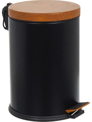 PremiumPort Şık Siyah Ahşap Pedallı Çöp Kovası 12 Lt